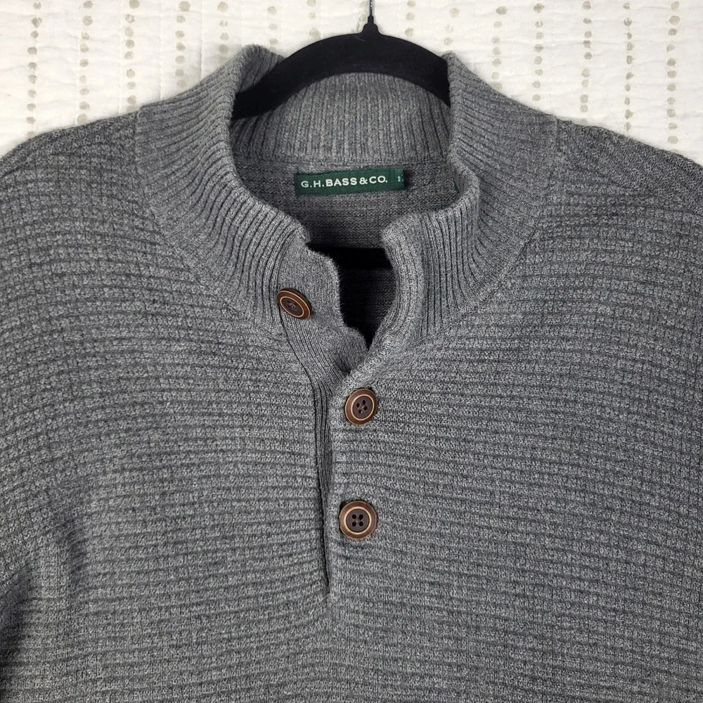 GH Bass Fisherman's Sweater Men's 2XL Gray Waffle Knit 1/4 Button Pullover